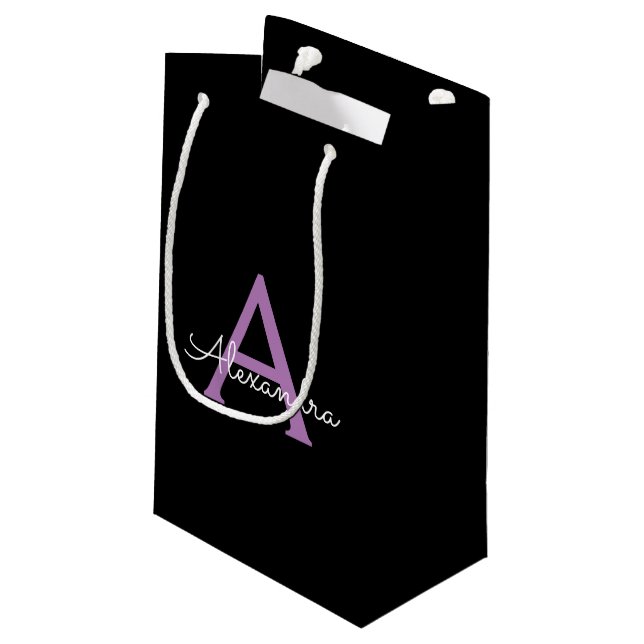Purple Black Script Girly Monogram Name Small Gift Bag (Back Angled)