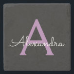 Purple Black Script Girly Monogram Name Stone Coaster<br><div class="desc">Black and Purple Simple Script Monogram Name Stone Tile. This makes the perfect graduation,  sweet 16 birthday,  wedding,  bridal shower,  anniversary,  baby shower or bachelorette party gift for someone that loves glam luxury and chic styles.</div>