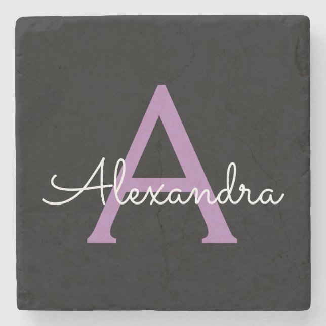 Purple Black Script Girly Monogram Name Stone Coaster (Front)