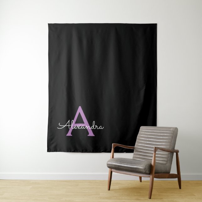 Purple Black Script Girly Monogram Name Tapestry (In Situ)