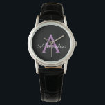 Purple Black Script Girly Monogram Name Watch<br><div class="desc">Black and Purple Simple Script Monogram Name Watch. This makes the perfect graduation,  birthday,  wedding,  bridal shower,  anniversary,  baby shower or bachelorette party gift for someone that loves glam luxury and chic styles.</div>