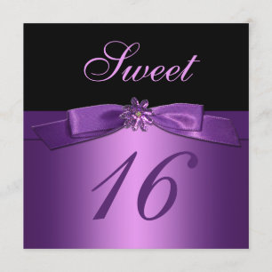 Purple Black Sequin Flower Bow (PRINTED) Sweet 16 Invitation