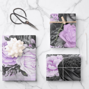 PURPLE BLACK SILVER FLOWERS & PATTERNS WRAPPING PAPER SHEET