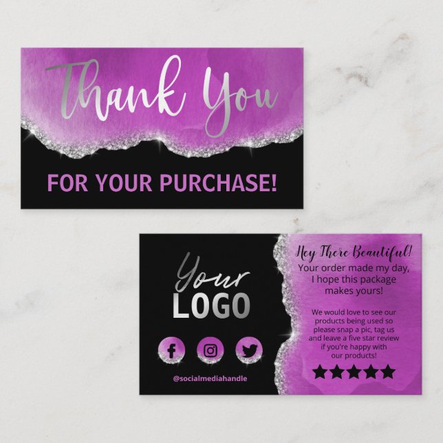 Purple Black Silver Foil Glitter Agate Thank You Business Card (Front/Back)
