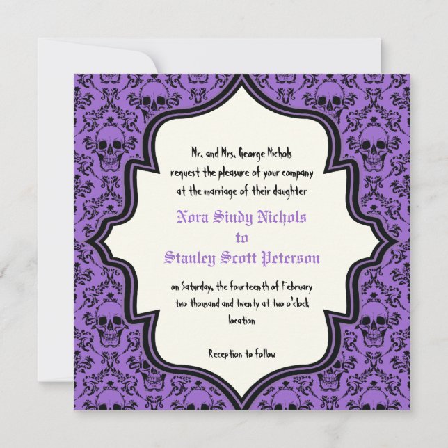 Purple black skulls damask Halloween wedding Invitation (Front)