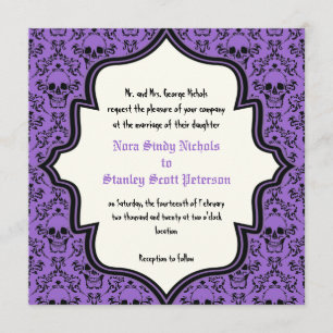 Purple black skulls damask Halloween wedding Invitation