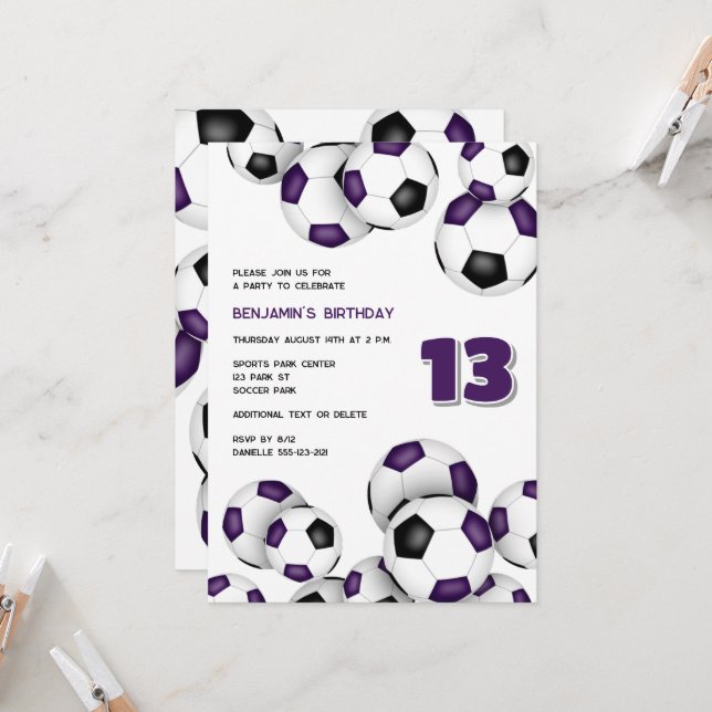 purple black soccer balls boys girls birthday invitation (Front/Back In Situ)