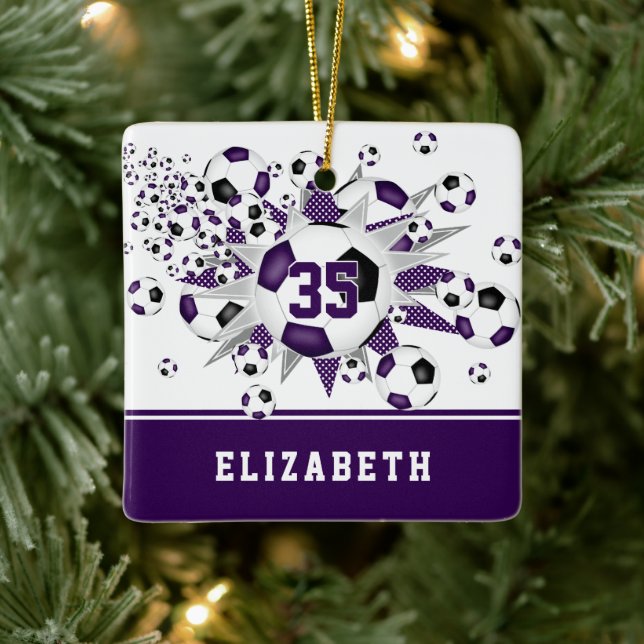 Purple black soccer balls stars personalised  ceramic ornament (Tree)