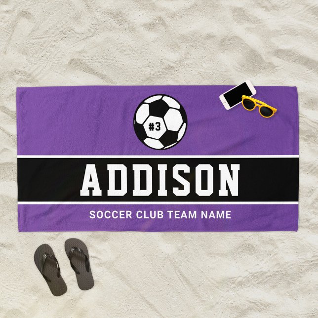 Purple Black Soccer Player Custom Name Beach Towel (Creator Uploaded)