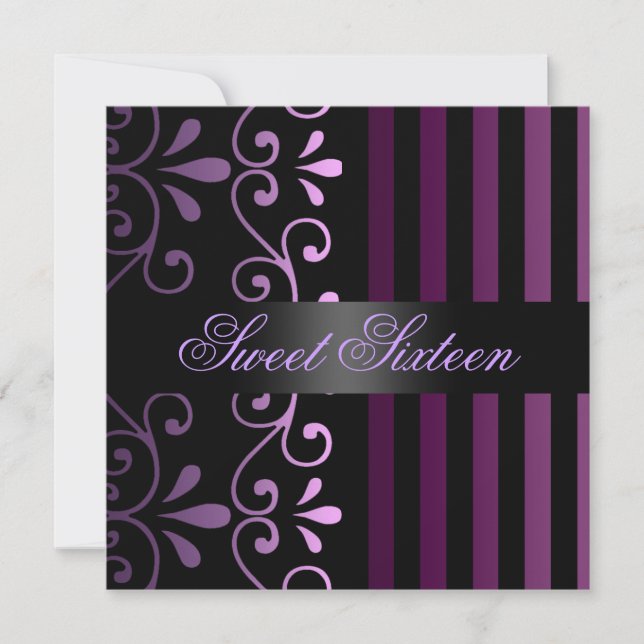 Purple/Black Stripe & Swirl Sweet 16 Invitation (Front)