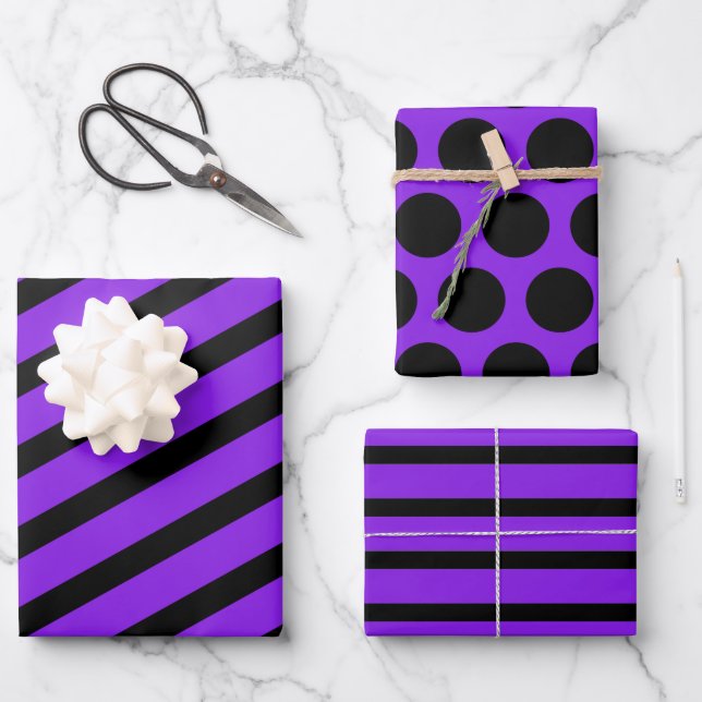 Purple Black Striped Polka Dot Halloween Wrapping Paper Sheet (Front)