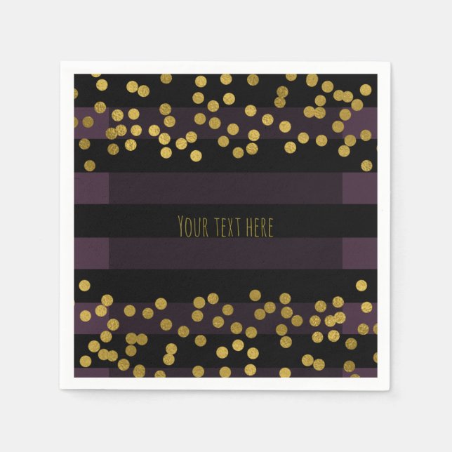 Purple & Black Stripes Gold Faux Foil Dots Napkin (Front)