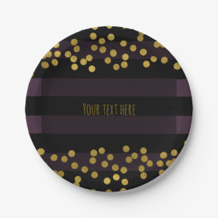 Purple & Black Stripes Gold Faux Foil Dots Paper Plate
