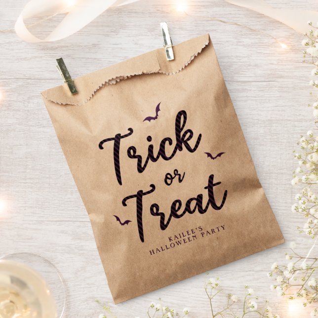 Purple & Black Stripes Trick or Treat Bats Favour Bag (Clipped)