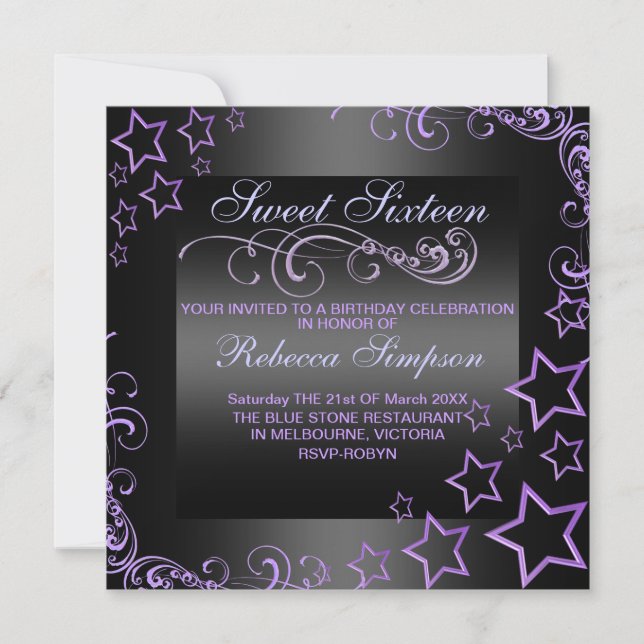 Purple/Black Sweet16 Star & Swirl Birthday Invite (Front)