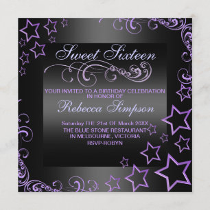 Purple/Black Sweet16 Star & Swirl Birthday Invite