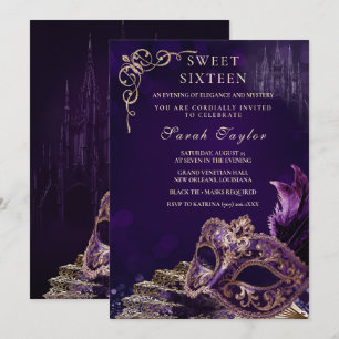 Purple Black Sweet 16 Masquerade Elegant Venetian Invitation