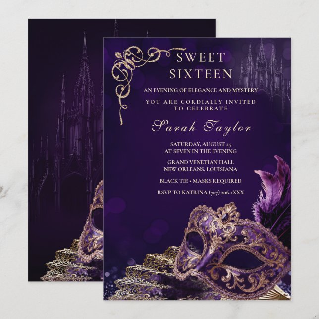 Purple Black Sweet 16 Masquerade Elegant Venetian Invitation (Front/Back)