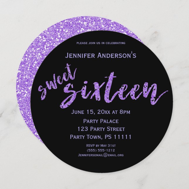 Purple Black Sweet Sixteen Invitation (Front/Back)
