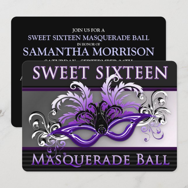 Purple/Black Sweet Sixteen Masquerade Ball Invitation (Front/Back)