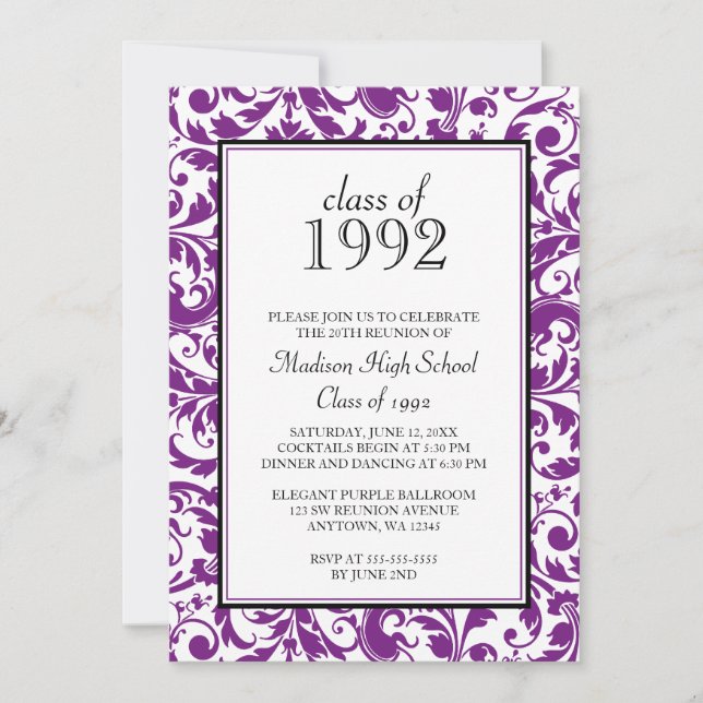 Purple Black Swirl Damask Class Reunion Invitation (Front)