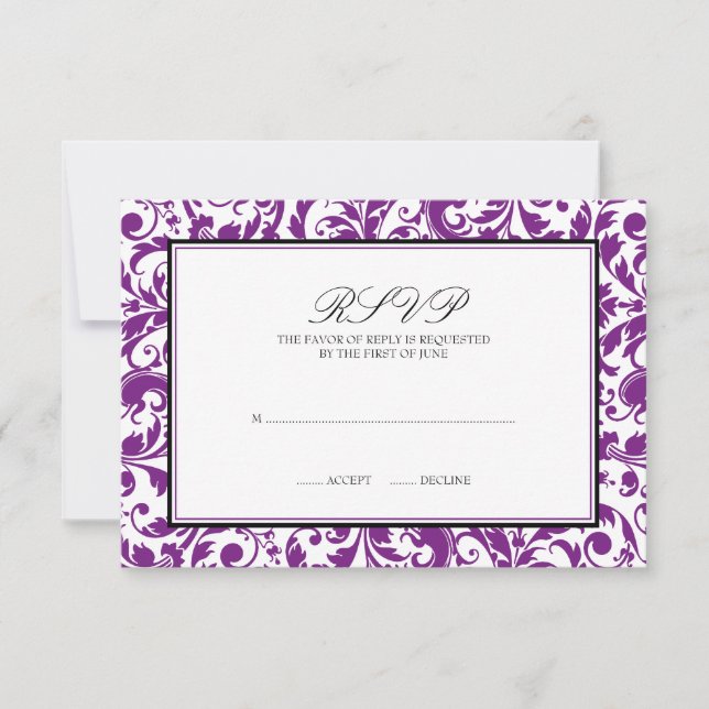 Purple Black Swirl Damask Wedding Response Card (Front)