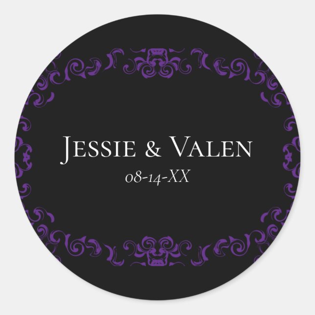 Purple & Black Swirl Gothic Wedding Classic Round Sticker (Front)