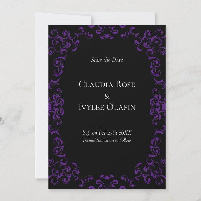 Purple & Black Swirl Gothic Wedding Invitation (Front)