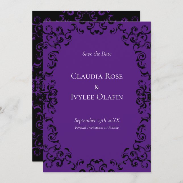 Purple & Black Swirl Gothic Wedding Invitation (Front/Back)