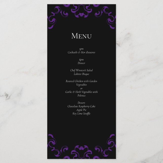 Purple & Black Swirl Gothic Wedding Menu (Front)