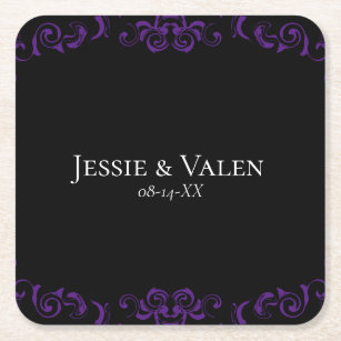 Purple & Black Swirl Gothic Wedding Square Paper Coaster