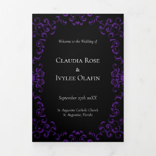 Purple & Black Swirl Gothic Wedding Tri-Fold Programme