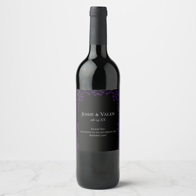 Purple & Black Swirl Gothic Wedding Wine Label (Front)