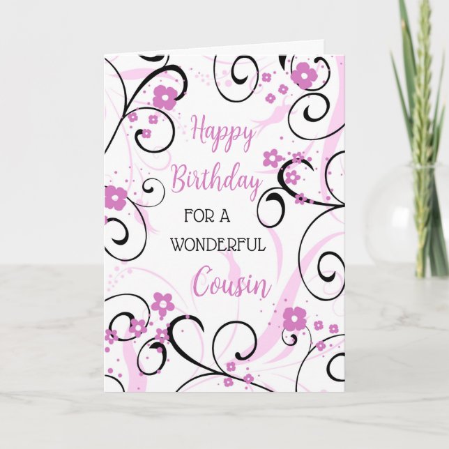 Purple Black Swirls Cousin Birthday Card (Front)