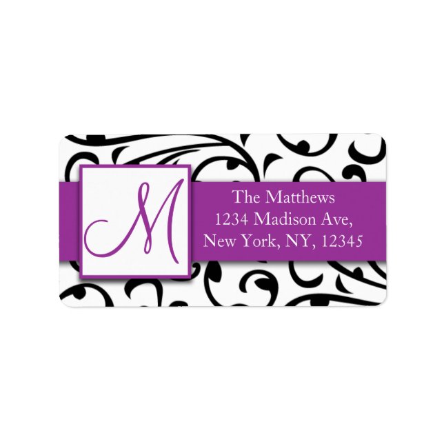 Purple, Black Swirls Damask Avery Address Labels (Front)