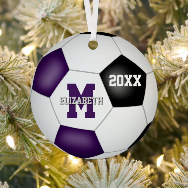 purple black team colours keepsake soccer metal tree decoration (Insitu)