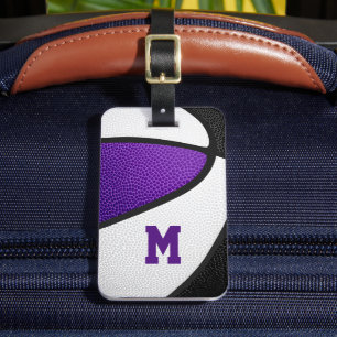 purple black team colours monogrammed basketball luggage tag