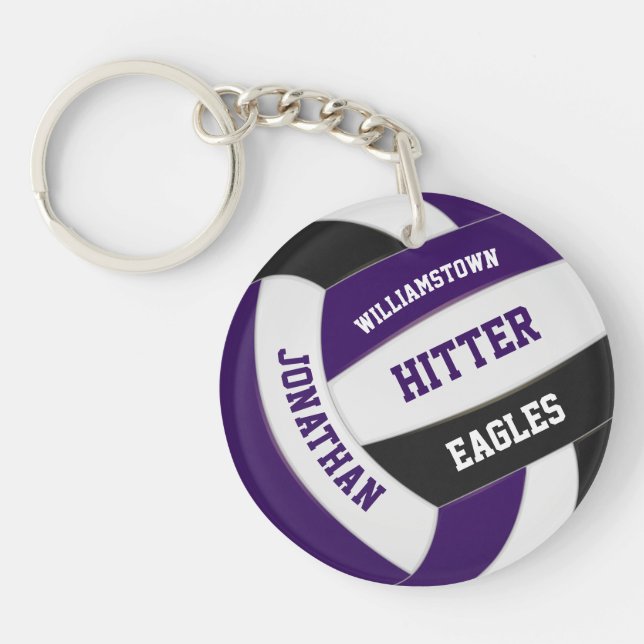 purple black team colours personalised volleyball key ring (Front)