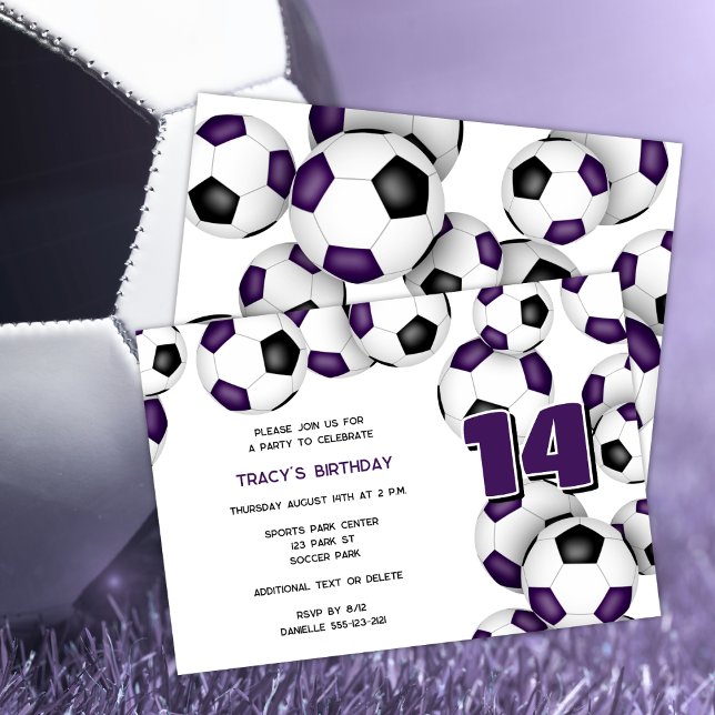purple black team colours soccer balls sports part invitation (Creator Uploaded)