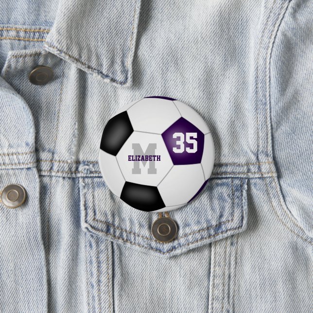 purple black team colours soccer personalised 7.5 cm round badge (In Situ)