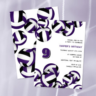 purple black team colours volleyball birthday part invitation