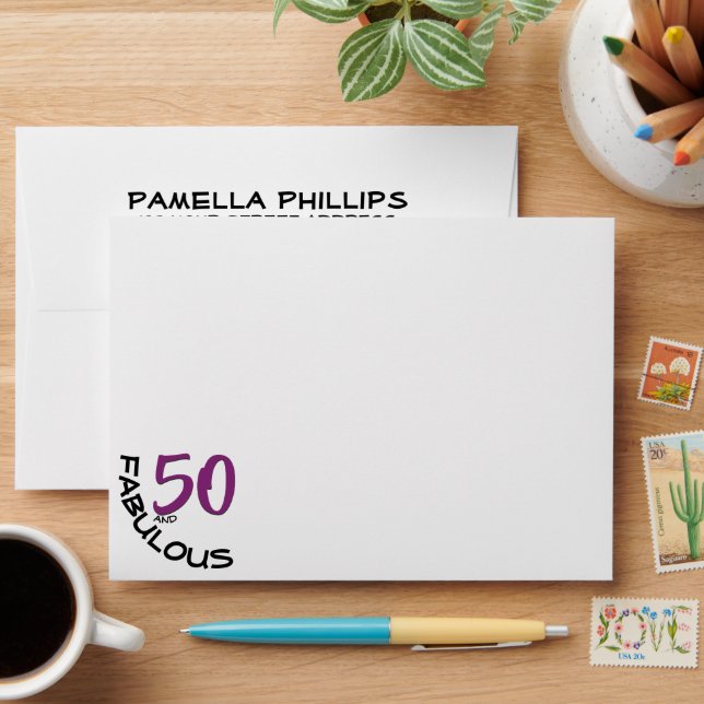 Purple & Black Typography ~ "50 and Fabulous" Envelope (Desk)