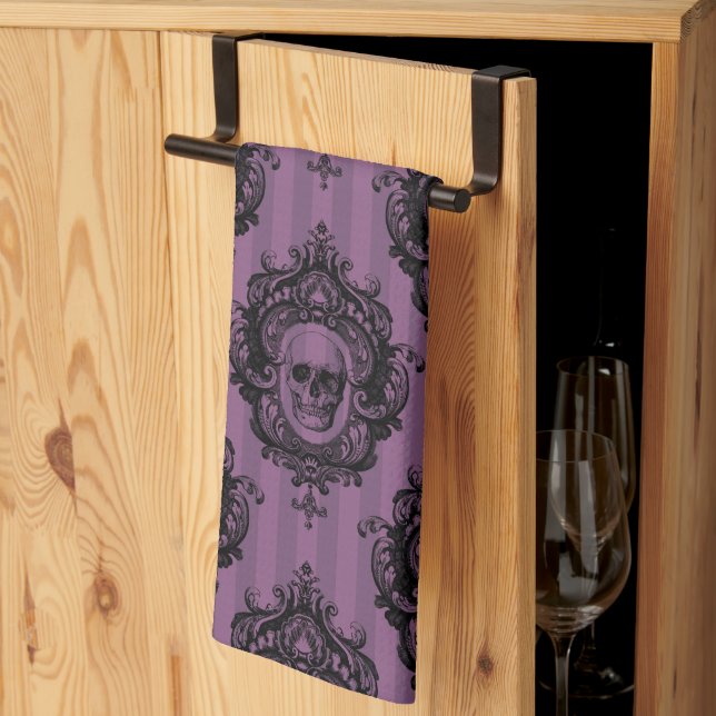 Purple & Black Victorian Skulls Pattern Halloween Tea Towel (Thirds Fold)