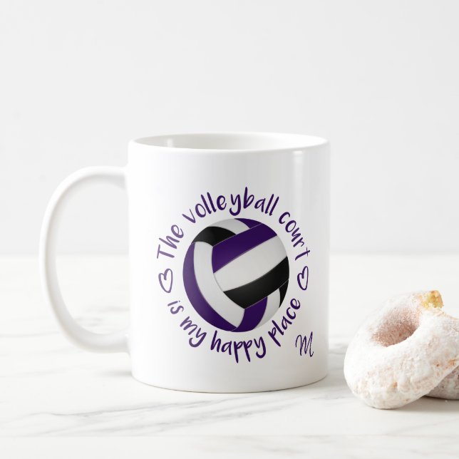 purple black volleyball court is my happy place coffee mug (With Donut)