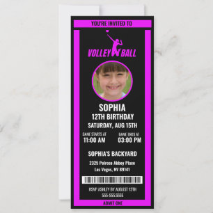 Purple Black Volleyball Ticket Birthday Photo Invitation