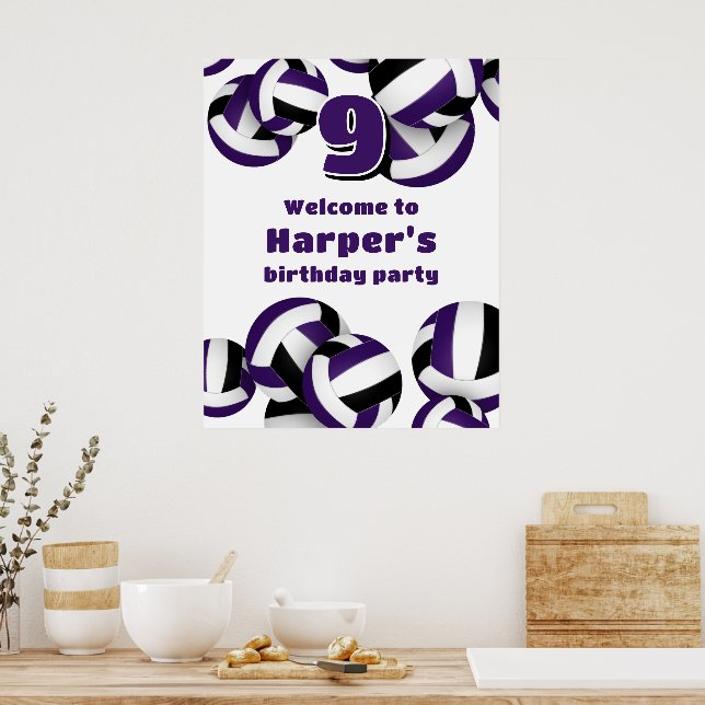 purple black volleyballs birthday party welcome poster (Kitchen)