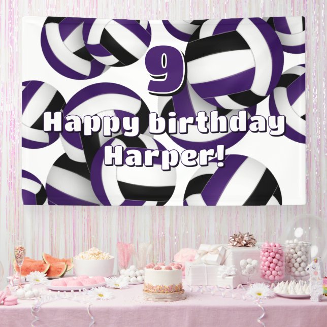 purple black volleyballs kids birthday party banner (Party)