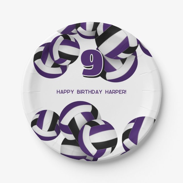 purple black volleyballs kids birthday party paper plate (Front)