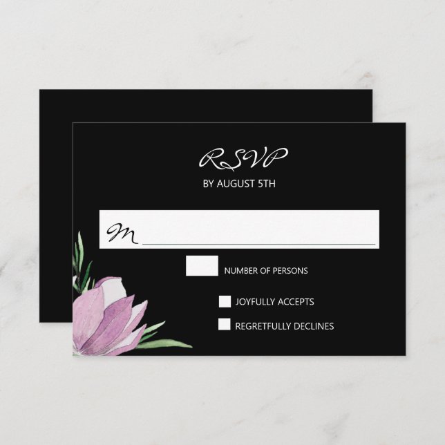 Purple Black Watercolor Floral RSVP Cards (Front/Back)