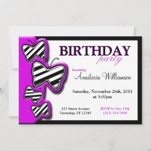 Purple Black & White Butterfly Birthday Invites